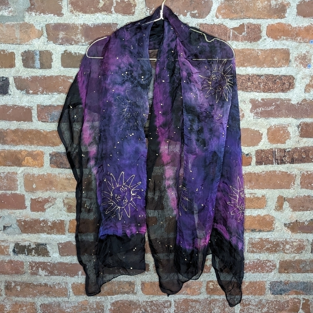 Unbranded Black & Purple Sheer Handmade Night Sky Scarf w/ Hand Painted Suns